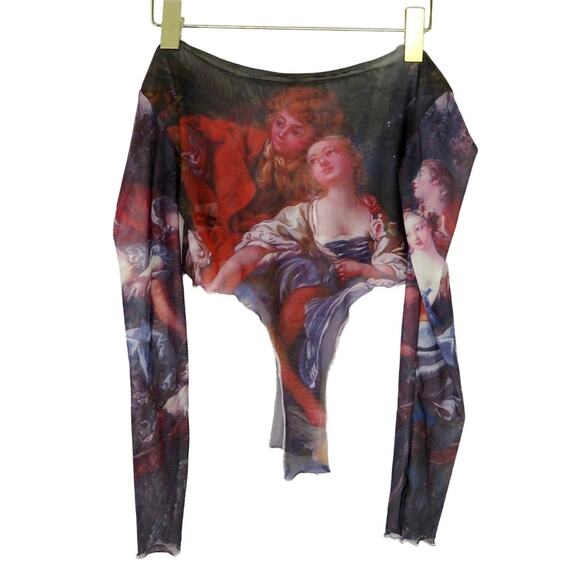 Shein Abstract Renaissance Off Shoulder Long Sleeve Mesh Top Funky Sexy Small - Picture 3 of 8